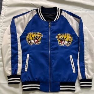 Blue and White Bomber Jacket with Tiger Embroidery size M